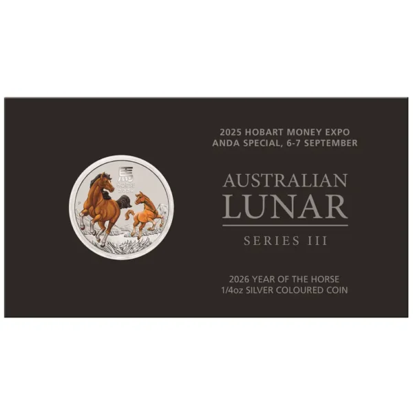 2026 Australia 1/4 oz Sølv Lunar S3 Year of the Horse Farget ANDA Special M/Kort "Forhåndssalg"