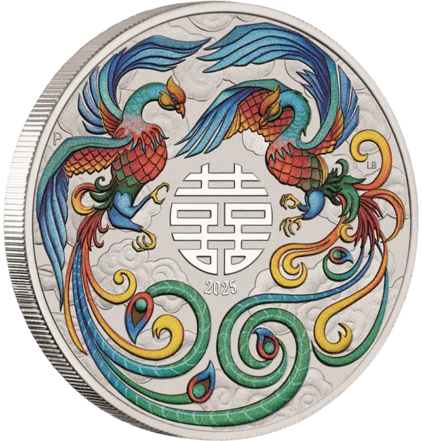 2025 Australia 1 oz Sølv Myths and Legends - Double Phoenix Farget Vivid BU M/Kapsel "Forhåndssalg" - Bilde 3