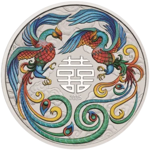2025 Australia 1 oz Sølv Myths and Legends - Double Phoenix Farget Vivid BU M/Kapsel