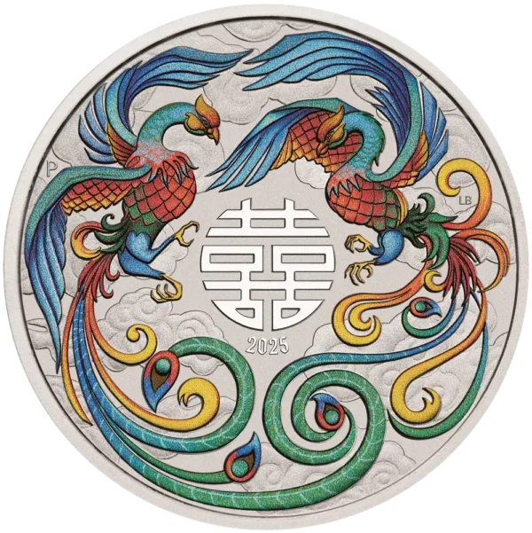 2025 Australia 1 oz Sølv Myths and Legends - Double Phoenix Farget Vivid BU M/Kapsel "Forhåndssalg"