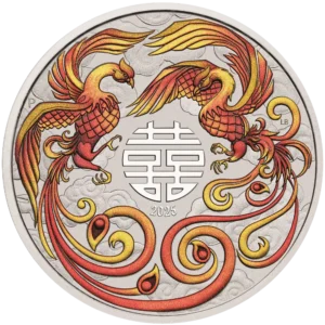2025 Australia 1 oz Sølv Myths and Legends - Double Phoenix Red Farget BU M/Kapsel