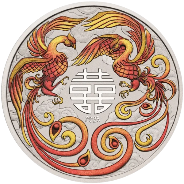 2025 Australia 1 oz Sølv Myths and Legends - Double Phoenix Red Farget BU M/Kapsel "Forhåndssalg"