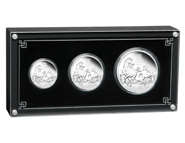 2026 Australia 3,5 oz Sølv Lunar S3 Year of the Horse Proof Three-Coin Set M/Etui & COA "Forhåndssalg"