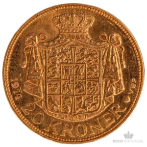 1914 Danmark 20 Kroner 8,06 gram Gull Kv 01 M/Saflip & Garantibevis