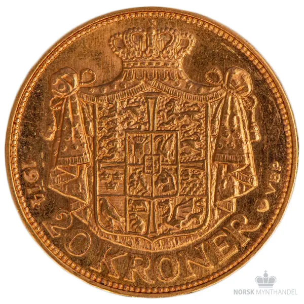 1914 Danmark 20 Kroner 8,06 gram Gull Kv 01 M/Saflip & Garantibevis