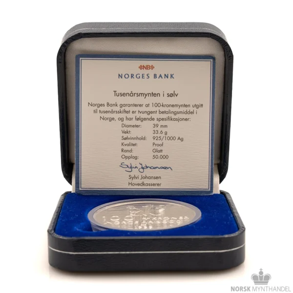 2000 Norge 1 oz Sølv 100 Kroner Tusenårsmynten Proof M/Etui & COA - Bilde 4