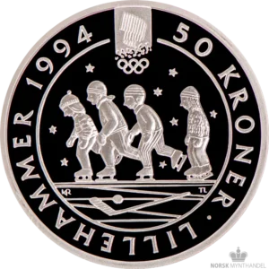 1993 Norge 1/2 oz Sølv 50 Kroner OL Lillehammer - Barn på skøyter Proof M/Kapsel