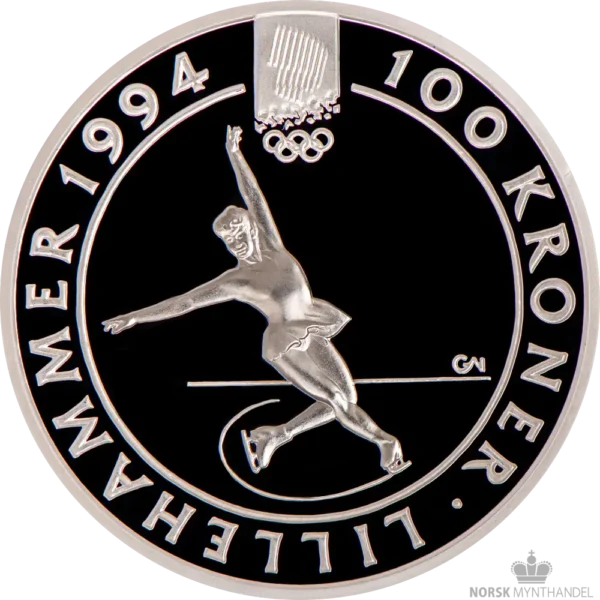 1993 Norge 1 oz Sølv 100 Kroner OL Lillehammer - Kunstløper Proof M/Kapsel