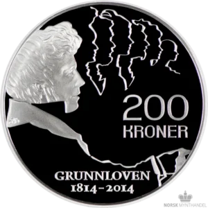 2014 Norge 1/2 oz Sølvmynt 200 Kroner Grunnloven 200 År Proof M/Etui & COA