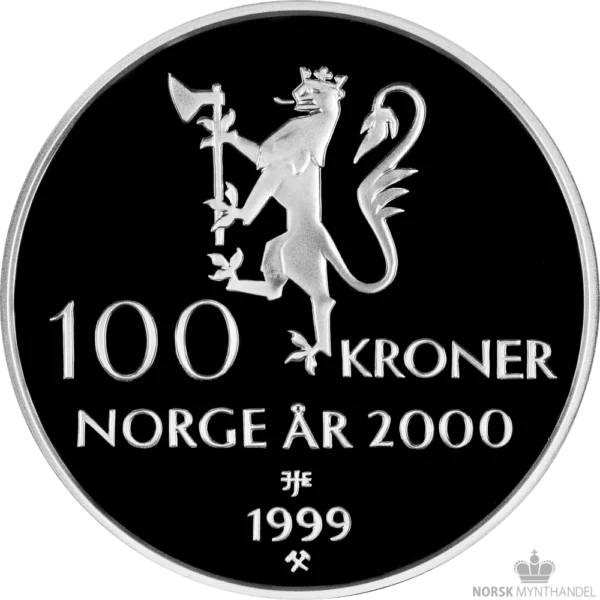 2000 Norge 1 oz Sølv 100 Kroner Tusenårsmynten Proof M/Etui & COA
