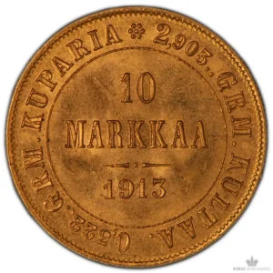 1913 Finland 10 Markkaa 2,9 gram Gull Kv 01 M/Saflip & Garantibevis