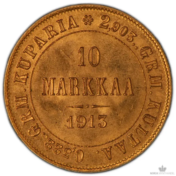 1913 Finland 10 Markkaa 2,9 gram Gull Kv 01 M/Saflip & Garantibevis - Bilde 2