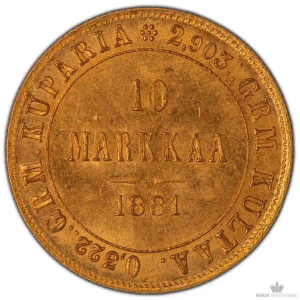 1881 Finland 10 Markkaa 2,9 gram Gull Kv 01 M/Saflip & Garantibevis - Bilde 2