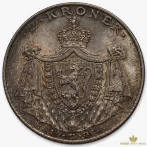 1906 Norge 12 Gram Sølvmynt 2 kroner Unionsoppløsningen "Stort Skjold" Sirkulert
