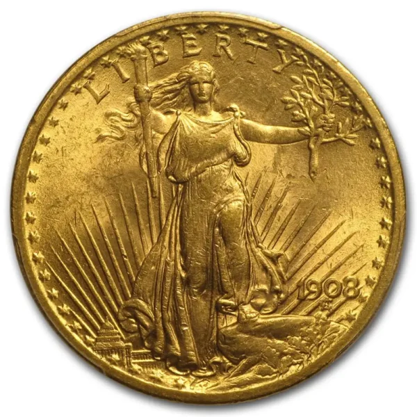 1908 USA 20$ 0.9675 oz Gull Saint Gaudens Double Eagle "No motto" AU M/Air-tite kapsel