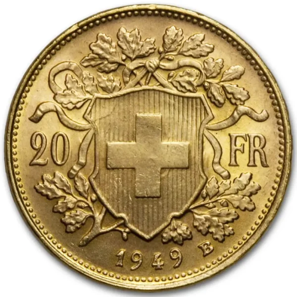 1949-B Sveits 20 Franc 5,8 gram Gull Kv AU M/Saflip & Garantibevis