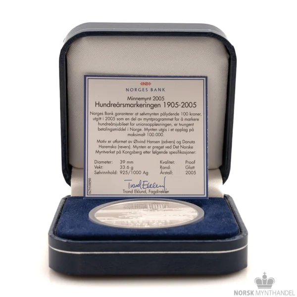 2005 Norge 1 oz Sølv 100 Kroner Hundreårsmynten Nr. 3 Proof M/Etui & COA - Bilde 5