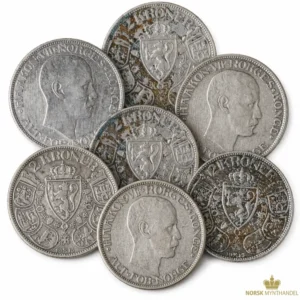 1908-1917 Norge 12 Gram Sølvmynt 2 kroner Haakon VII Sirkulert