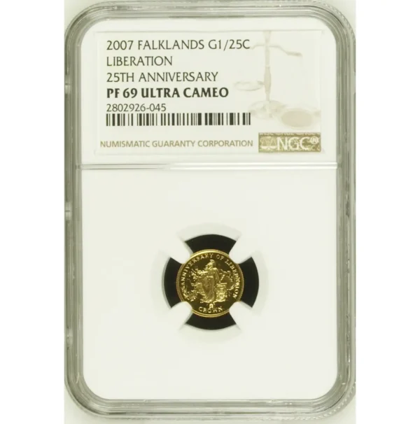 2007 Falklandsøyene 1/25 oz Gull Liberation PF69 Ultra Cameo NGC