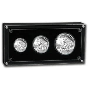 2021 Australia 3,5 oz Sølv Lunar S3 Year of the Ox Proof Three-Coin Set M/Etui & COA