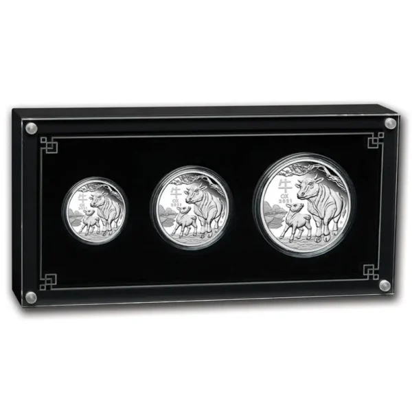 2021 Australia 3,5 oz Sølv Lunar S3 Year of the Ox Proof Three-Coin Set M/Etui & COA