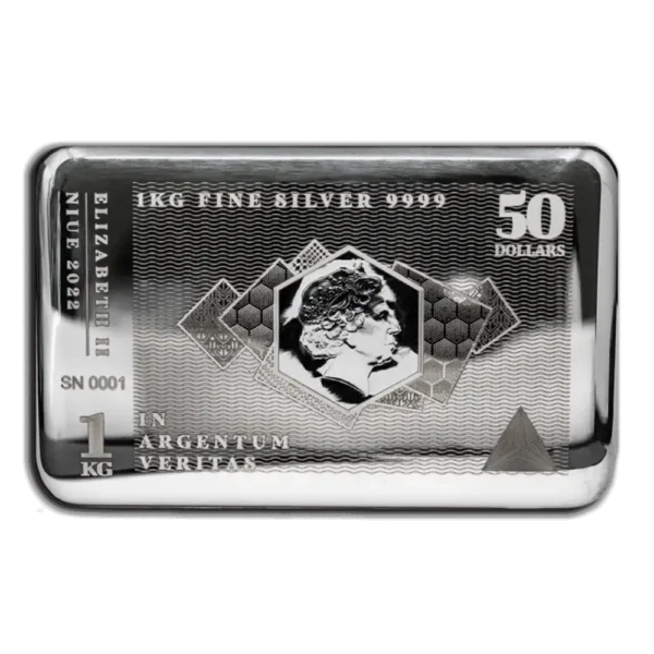 2022 Niue 1 Kilo 50$ Sølvbarre Coinbar BU Forseglet
