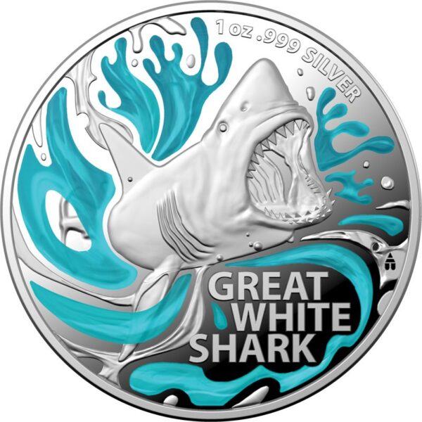 2022 Australia 1 oz Sølv "Australia`s Most Dangerous - Great White Shark" Farget Proof M/Etui & COA