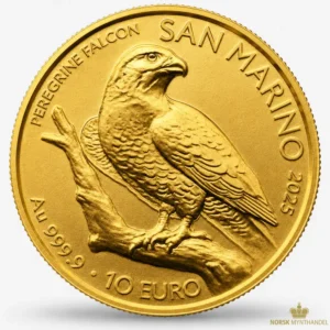 2025 San Marino1/10 oz Gullmynt Peregrino Falcon BU M/Etui & Garantibevis
