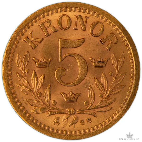 1901 Sverige 5 Kronor 2,02 gram Gull Kv Svak 01 M/Saflip & Garantibevis