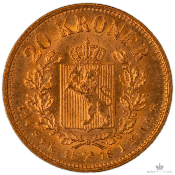 1878 Norge 20 Kroner 8,06 Gram Gull Kv 01 M/Saflip & Garantibevis