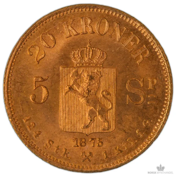 1875 Norge 20 Kroner/5 Sp. 8,06 Gram Gull Kv 01 M/Saflip & Garantibevis