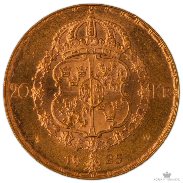 1925 Sverige 20 Kronor 8,06 gram Gull Kv God 01 M/Saflip & Garantibevis