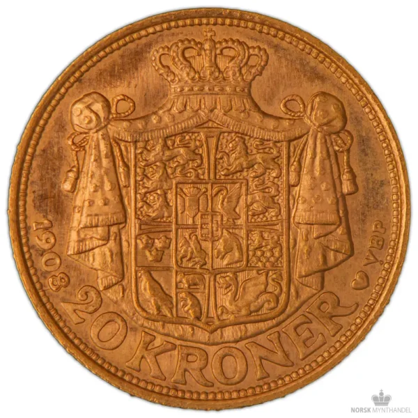 1908 Danmark 20 Kroner 8,06 gram Gull Kv 01 M/Saflip & Garantibevis
