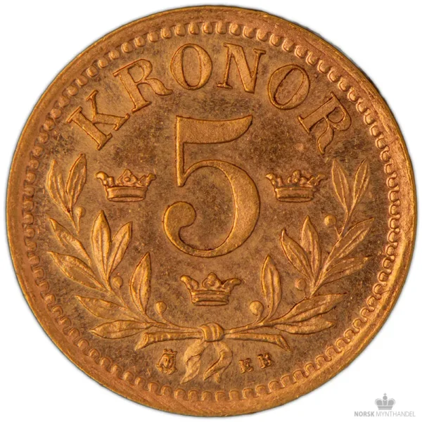 1894 Sverige 5 Kronor 2,02 gram Gull Kv 01 M/Saflip & Garantibevis