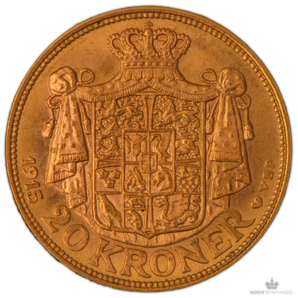 1915 Danmark 20 Kroner 8,06 gram Gull Kv 01 M/Saflip & Garantibevis
