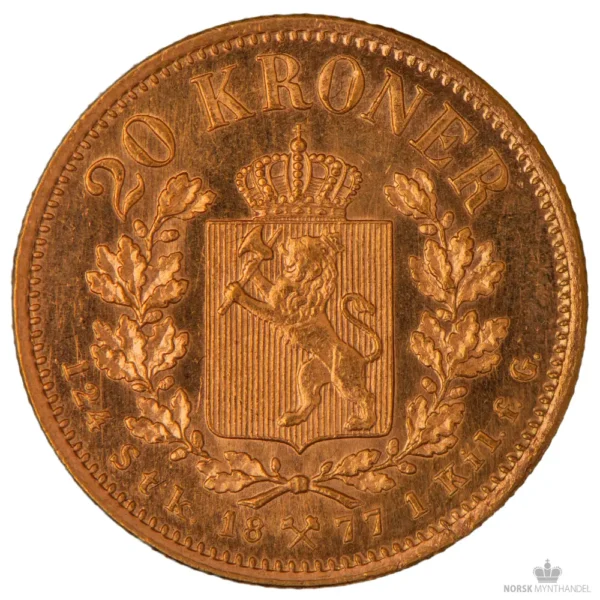1877 Norge 20 Kroner 8,06 Gram Gull Kv 01 M/Saflip & Garantibevis