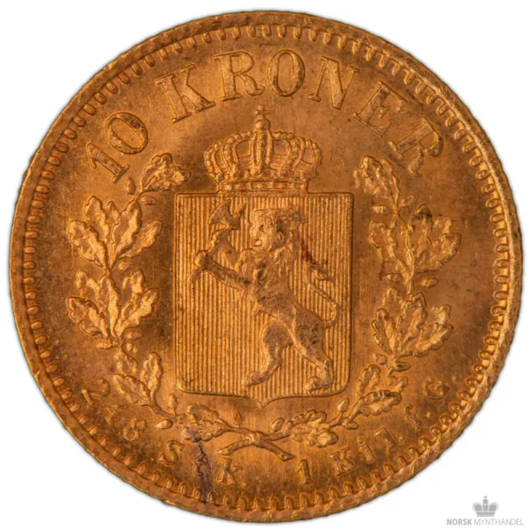 1877 Norge 10 Kroner 4,03 Gram Gull Kv 0/01 M/Saflip & Garantibevis