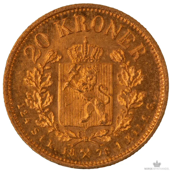 1878 Norge 20 Kroner 8,06 Gram Gull Kv 01 M/Saflip & Garantibevis