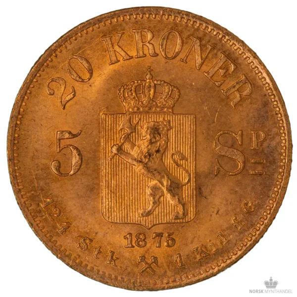 1875 Norge 20 Kroner/5 Sp. 8,06 Gram Gull Kv 01 M/Saflip & Garantibevis