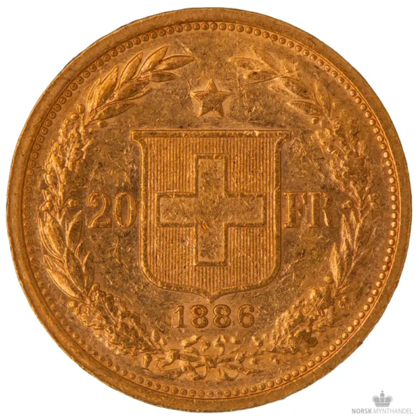 1886 Sveits 20 Franc 5,8 gram Gull Kv Sirkulert M/Saflip & Garantibevis