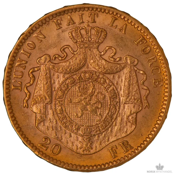 1876 Belgia 20 Franc 5,8 gram Gull AU M/Saflip & Garantibevis