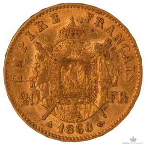 1868-A Frankrike 20 Franc 5,8 gram Gull Kv 1+ M/Saflip & Garantibevis