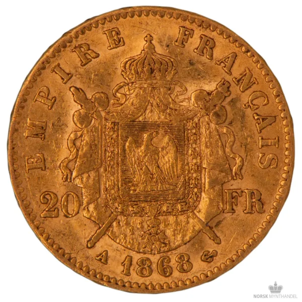 1868-A Frankrike 20 Franc 5,8 gram Gull Kv 1+ M/Saflip & Garantibevis