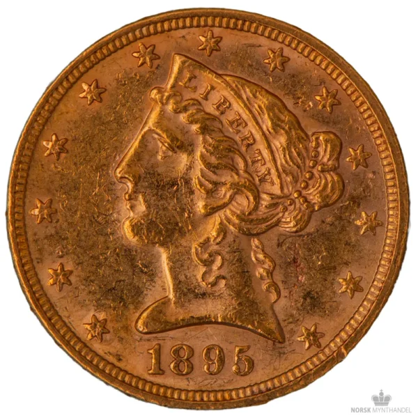 1895 USA 5$ 0.2419 oz Gull Liberty Head AU M/Saflip & Garantibevis - Bilde 2