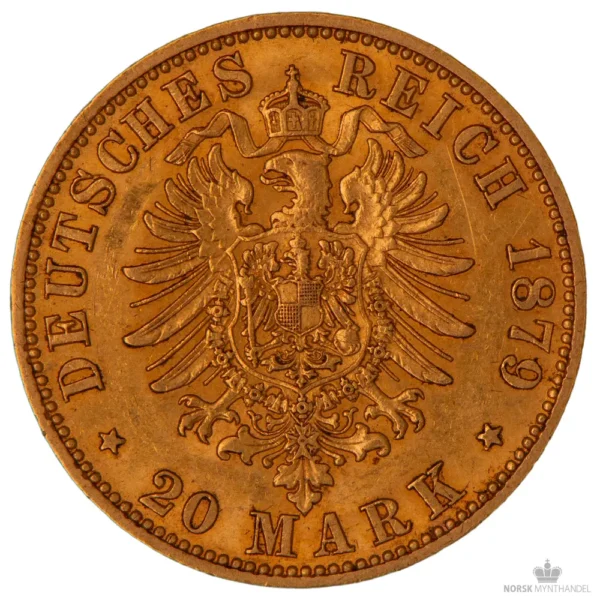 1879-A Tyskland - Preussen 20 Mark 7,17 gram Gull Sirkulert M/Kapsel & Garantibevis