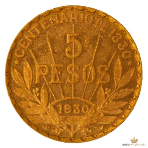 1930 Uruguay 5 Pesos 7,78 gram Gullmynt Kv1+ M/Saflip & Garantibevis