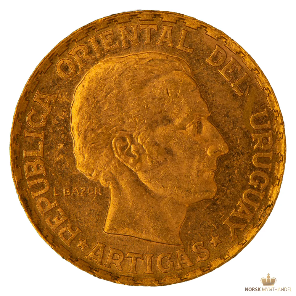 1930 Uruguay 5 Pesos 7,78 gram Gullmynt Kv1+ M/Saflip & Garantibevis - Bilde 2