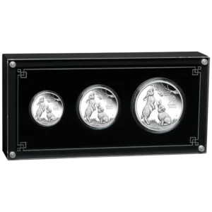 2023 Australia 3,5 oz Sølv Lunar S3 Year of the Rabbit Proof Three-Coin Set M/Etui & COA