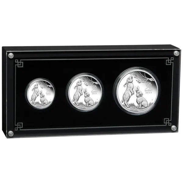 2023 Australia 3,5 oz Sølv Lunar S3 Year of the Rabbit Proof Three-Coin Set M/Etui & COA
