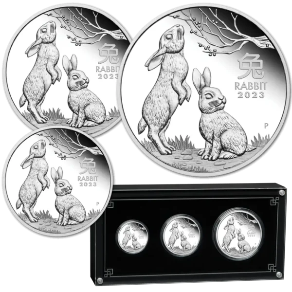2023 Australia 3,5 oz Sølv Lunar S3 Year of the Rabbit Proof Three-Coin Set M/Etui & COA - Bilde 2